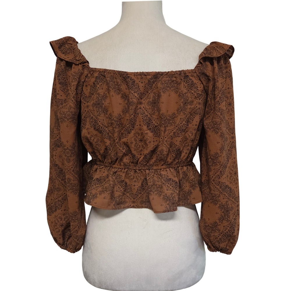 Papaya Brown Paisley Ruffle Tie Front Crop Top Size S Whimsigoth Retro Hippie - Picture 3 of 7